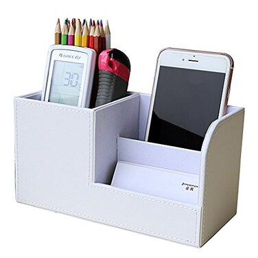 KINGFOM Desk Organizer Office Supplies Caddy Pu Leather Multifunction Storage Box PenPencilCell phone Business Name Cards Remote Control Holder White