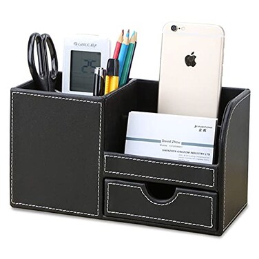 KINGFOM Desk Organizer Office Supplies Caddy Pu Leather Multifunction Storage Box PenPencilCell phone Business Name Cards Remote Control Holder with Small Drawer Black