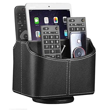 YAPISHI Leather Remote Control Holder 360 Degree Spinning Desk TV Remote CaddyBoxBedside Table Organizer for Controller Media Mail Calculator Mobile Phone and Pen Storage