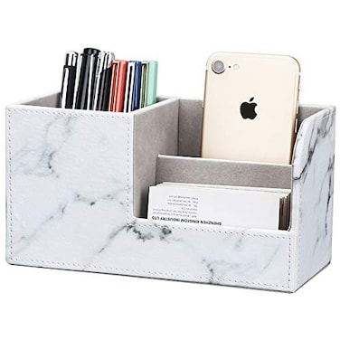 KINGFOM Desk Organizer Office Supplies Caddy Pu Leather Multifunction Storage Box PenPencilCell phone Business Name Cards Remote Control Holder Gray Marble