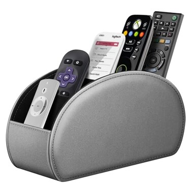 Fintie Remote Control Holder 5 Compartments Vegan Leather TV Remoter Caddy Desktop Organizer Makeup Brush Holder Storage Fits TV Remotes Media Controllers Office SuppliesSilver Gray