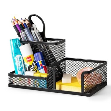 deli Mesh Desk Organizer Office Supplies Caddy with Pencil Holder and Storage Baskets for Desktop Accessories 3 Compartments Black