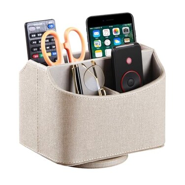 PUSU Leather 360Rotatable Remote Control HolderNightstand TV Remote CaddyOffice Supplies Desktop OrganizerSpinning Storage Box for PenMailPhoneDVD BluRay Media Player Heater Controllers