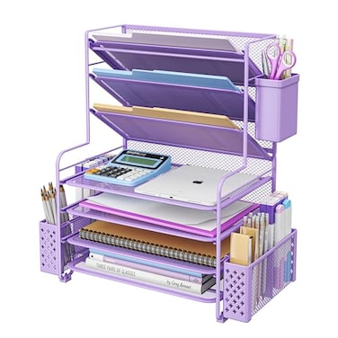 Simple Trending 7 Tier Desk File Organizer Letter Tray Paper Organizer with Pen Holder and Metal Hanging Basket Purple