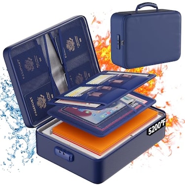 DocSafe 5200F Document Organizer with LockUpgraded Heat Insulated FireproofWaterproof Box 8 Layers File OrganizerPortable Home Travel Safe Storage for Important Documents FilesBlue Soft