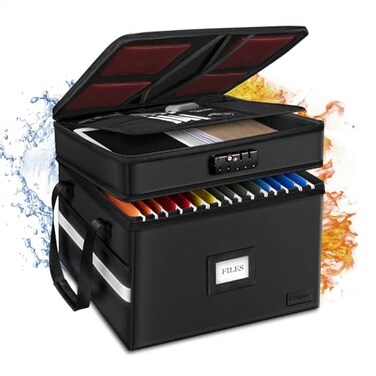 ETRONIK Fireproof File Organizer with Lock 2 Layer Fireproof Document Box with 5 Tab Inserts Portable Office File Cabinet Collapsible File Storage for Hanging Letter Legal Size Folder