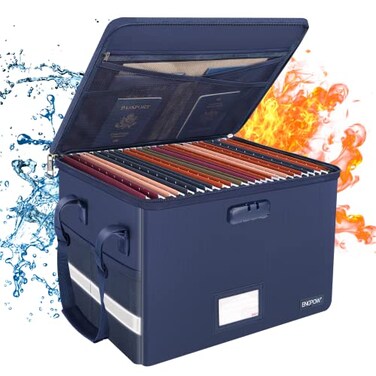ENGPOW File Box with Lock Fireproof Document Box with ZipperPockets Collapsible File Organizer Filing Storage Cabinet with Handle Portable Home Office Safe for Hanging LetterLegal Folder Blue