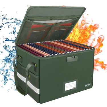 ENGPOW File Box with Lock Fireproof Document Box with Zipper Lid Collapsible File Storage Organizer Filing Cabinet with Handle Portable Home Office Safe for Hanging LetterLegal Folders Green