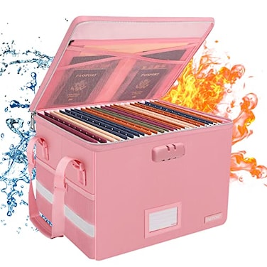 ENGPOW File Box with Lock Fireproof Document Box with ZipperPockets Collapsible File Organizer Filing Storage Cabinet with Handle Portable Home Office Safe for Hanging LetterLegal Folder Pink