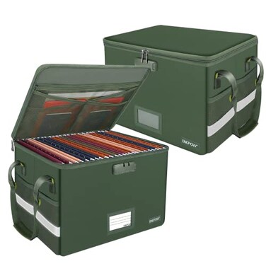 ENGPOW File Box with Lock Fireproof Document Box with Pockets Collapsible File Organizer Filing Storage Cabinet with Handle Portable Home Office Safe for Hanging LetterLegal FoldersGreen2 Pack