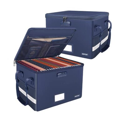 ENGPOW File Box with Lock Fireproof Document Box with Pockets Collapsible File Organizer Filing Storage Cabinet with Handle Portable Home Office Safe for Hanging LetterLegal Folders Blue 2 Pack