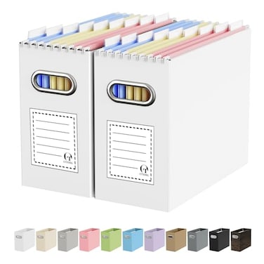 Oterri File Organizer Box Portable Collapsible Cardboard File Folder Organizer with Handle for Letter Size Hanging Files Document Storage Box for Home Office Classroom 2 Packs White