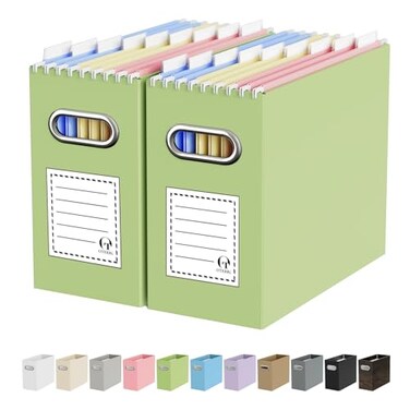 Oterri File Organizer Box Portable Collapsible Cardboard File Folder Organizer with Handle for Letter Size Hanging Files Document Storage Box for Home Office Classroom 2 Packs Green