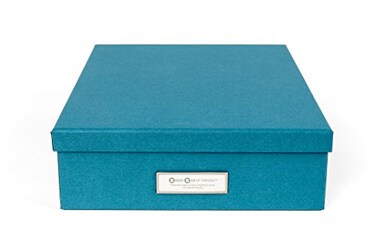 Bigso Box of Sweden Bigso Oskar Fiberboard Label Frame Document Letter Box File Organizer Box for Important Paperwork Document Storage with a Lid Metal Label Window 33 in x 102 in x 138 in Turquoise