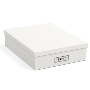 Bigso Box of Sweden Bigso Oskar Fiberboard Label Frame Document Letter Box File Organizer Box for Important Paperwork Durable Document Storage with a Lid Metal Label Window 33 in x 102 in x 138 in Whi