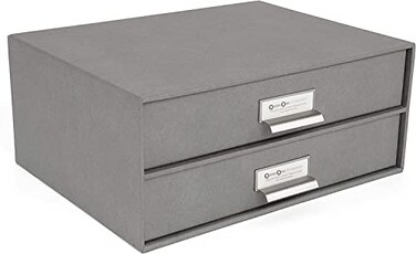 Bigso Box of Sweden Birger 2Drawer Fiberboard Label Frame Document Letter Box for Loose Papers Documents and More Desktop Storage Drawers wMetal Label Holder 131 x 10 x 57 Grey