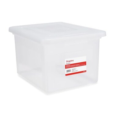 STAPLES Hanging File Folder Box Storage Bin Organizer Snap Lid Letter Legal Size Documents Clear