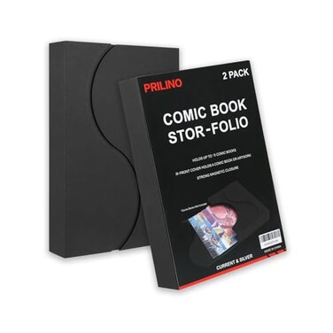 Prilino 2Pack Black Comic Book StorFolio Storage Box for Current and Silver Age Comics Portable Folio With Strong Magnetic Closure Ideal for Conventions