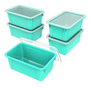 Storex Small Cubby Bins Plastic Storage Containers for Classroom with NonSnap Lid 122 x 78 x 51 inches Teal 62412U05C Pack of 5
