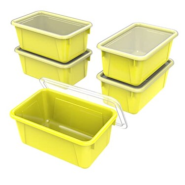 Storex Small Cubby Bins Plastic Storage Containers for Classroom with NonSnap Lid 122 x 78 x 51 inches Yellow 62410U05C Pack of 5