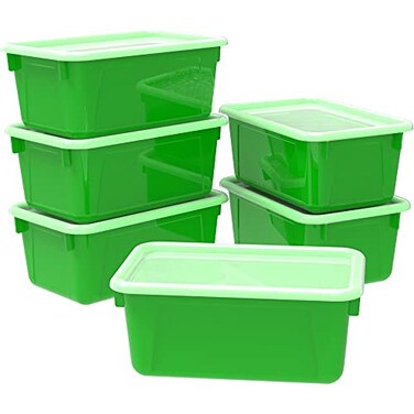 Storex Small Cubby Bins Plastic Storage Containers for Classroom with NonSnap Lid 122 x 78 x 51 inches Green 62409U05C Pack of 5