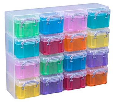 Really Useful Box Really Useful Organiser 16 x 014 Litre Storage Boxes in a Clear Plastic Organiser and Assorted Coloured Boxes