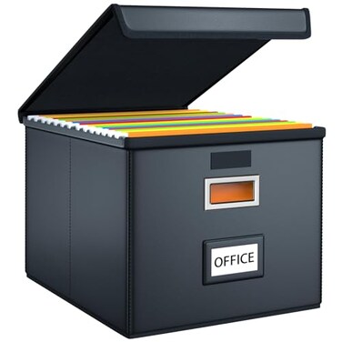 Huolewa File Organizer Box with Lid Collapsible Faux Leather Hanging File Folder Box Organizer with Plastic Slides Decorative HomeOffice Filing System Boxes for File and Folders Storage