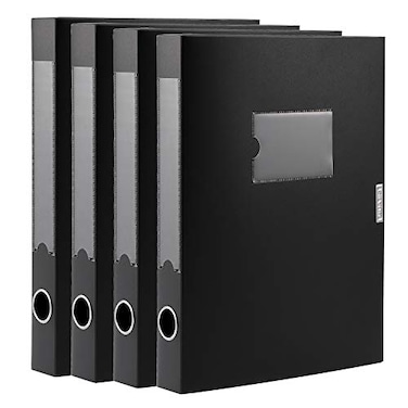 HUA JIE A4 Storage File Boxes Plastic Archives Cases with Lid File Folder Organizer Document Filing Box for Office Letter Size Paper31424 cm BlackPack of 4