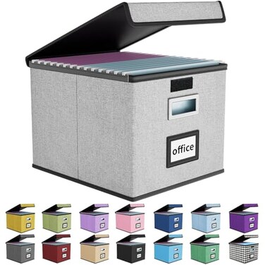 Huolewa Upgraded Portable File Organizer Box with Lid Collapsible Linen Hanging Filing Storage Boxes with Plastic Slides Decorative HomeOffice Filing System Box for File and Folders Storage Gray