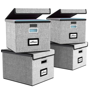 Huolewa Portable File Organizer Boxes Set of 4 Large Linen Hanging Office Document Storage Boxes with Lids Collapsible Filing Storage Boxes for OfficeDecorHome 149 x 127 x 108 inch