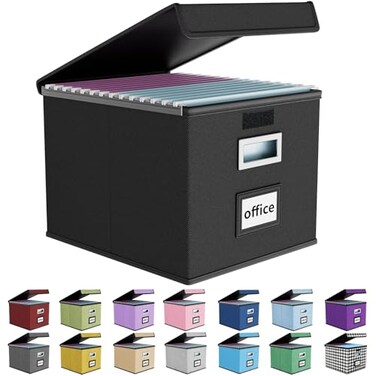 Huolewa File Organizer Box with Lid Collapsible File Folder Organizer for Office Document Storage Filing Box with Plastic Slide for Letter Size Hanging File Folders1 Pack Black