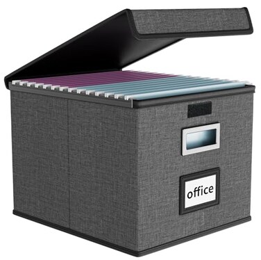 Huolewa File Organizer Box with Lid Collapsible File Folder Organizer for Office Document Storage Filing Box with Plastic Slide for Letter Size Hanging File Folders1 Pack Dark Grey