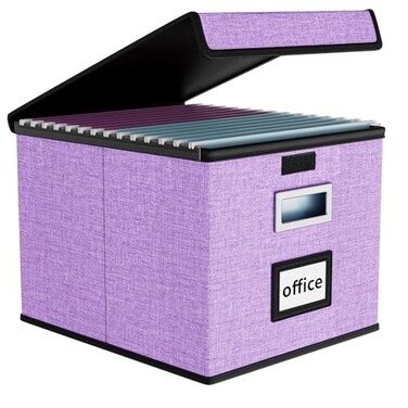 Huolewa File Organizer Box with Lid Collapsible File Folder Organizer for Office Document Storage Filing Box with Plastic Slide for Letter Size Hanging File Folders1 Pack Lavender