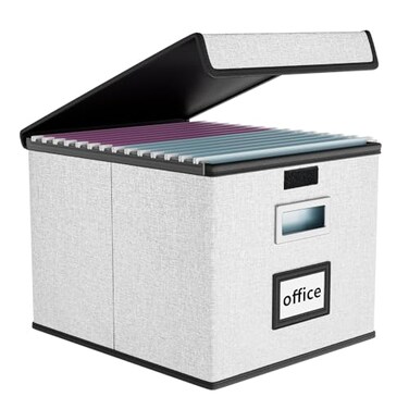 Huolewa File Organizer Box with Lid Collapsible File Folder Organizer for Office Document Storage Filing Box with Plastic Slide for Letter Size Hanging File Folders1 Pack White