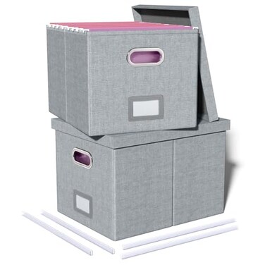 Oterri 2 Pack File Storage Organizer Filing Box Portable File Box with Lid Fit for LetterLegal File Folder Storage Document Organizer Gray