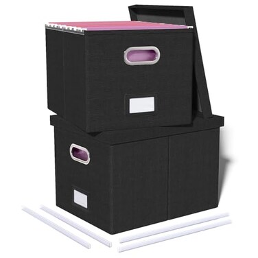 Oterri 2 Pack File Storage Organizer Filing Box Portable File Box with Lid Fit for LetterLegal File Folder Storage Document Organizer Black