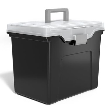STAPLES File Folder Tote Portable Filing Box for Letter SIze Hanging Folders Security Latch BuiltIn Lid Organizer BlackClear