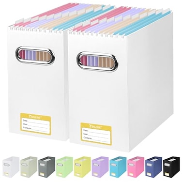 BALEINE File Organizer Box Cardboard File Folder Organizer with Handle for Letter Size Portable Collapsible Hanging Filing Box for Home Office Document Storage 2 Pack White