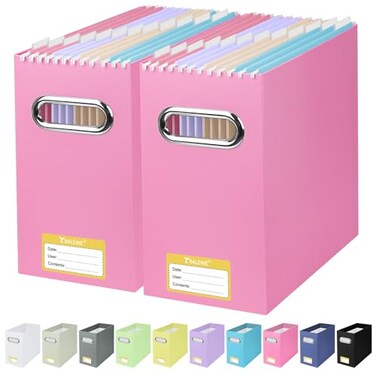 BALEINE File Organizer Box Cardboard File Folder Organizer with Handle for Letter Size Portable Collapsible Hanging Filing Box for Home Office Document Storage 2 Pack Pink