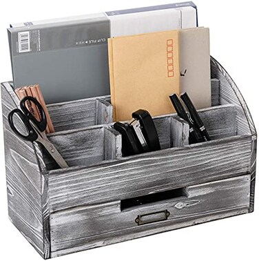 VERGOODR Rustic Wooden Office Desk Organizer 5 Compartment with 2 Drawer Counter Home Tabletop Desktop Jewelry Mail Rack Storage Box for Pens Notebooks Folders Pencils Grey white