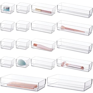STORi SimpleSort 18Piece Stackable Clear Drawer Organizer Set Multisize Trays Makeup Vanity Storage Bins and Office Desk Drawer Dividers Made in USA