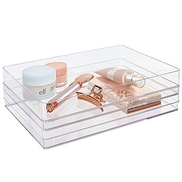 STORi SimpleSort 2Piece Stackable Clear Drawer Organizer Set 12 x 9 x 2 Rectangle Trays Wide Makeup Vanity Storage Bins and Office Desk Drawer Dividers Made in USA