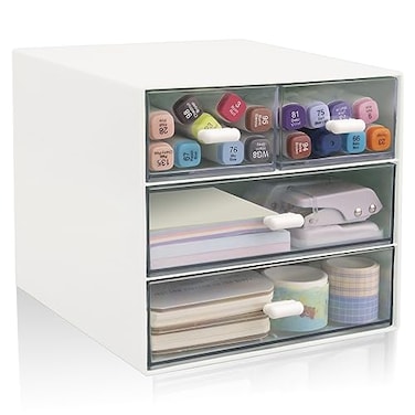Zyners Desk Organizer with Drawer Office Organizer with 4 Drawers Desk Storage Box for Desktop Dressing table Office School Home Plastic Box and 4 Acrylic DrawersWhite