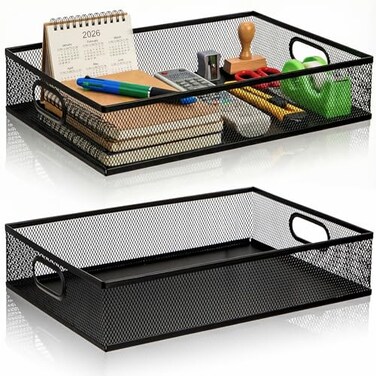 Elsjoy 2 Pack Desk Drawer Organizer Tray Metal Mesh Desktop Storage Tray Office File Organizer with Handle Portable Large Storage Basket for Office Supplies Craft Magazine Paper