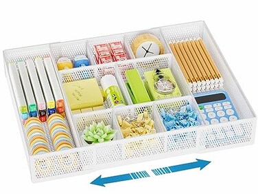 Marbrasse Expandable Desk Drawer Organizer Mesh Drawer Organizer Tray with 10 Adjustable Compartments Desk Organizers and Accessories 5 Dividers Drawer for Office Supplies Makeup Vanity White