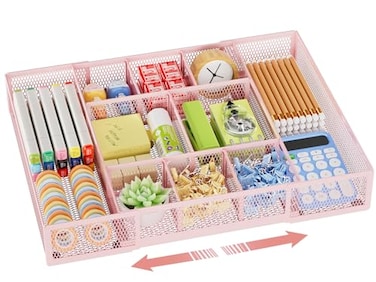 Marbrasse Expandable Desk Drawer Organizer Mesh Tray with 10 Adjustable Compartments Desk Organizers for Office Supplies Makeup Vanity ExpandablePink
