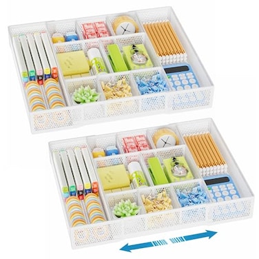 Marbrasse Expandable Desk Drawer Organizer Mesh Drawer Organizer Tray with 10 Adjustable Compartments Desk Organizers and Accessories for Office Supplies Makeup Vanity Expandable White2 pack