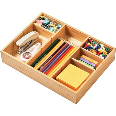 Umilife Bamboo Desk Drawer Organizer Wood Junk Organizer Tray with Adjustable Dividers AntiSkip Storage Organization in Office Bathroom Drawer for Vanity Makeup 12 x 9