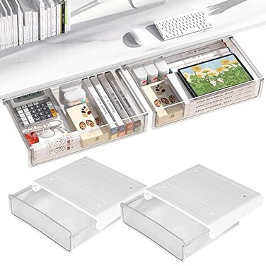 OSPNIEEK Selfadhesive Under Desk Drawer Organizer 2 Pack Table Hidden Slide Out Large Storage Mounted Desktop Pencil Holder Tray Drawers for Office Home School Stationery Kitchen Large White