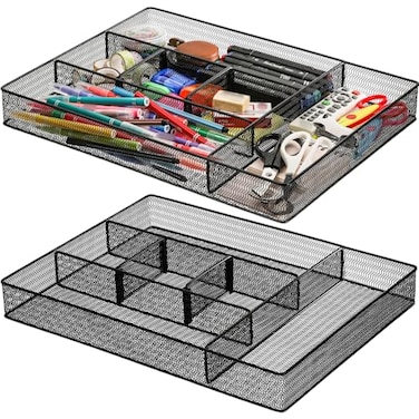 Hiceeden 2 Pack Mesh Desk Drawer Organizer 161x122x2 Large Desk Organizer Tray with 2 Removable Dividers 6 Compartment Metal Organizers for Home Office Makeup Vanity